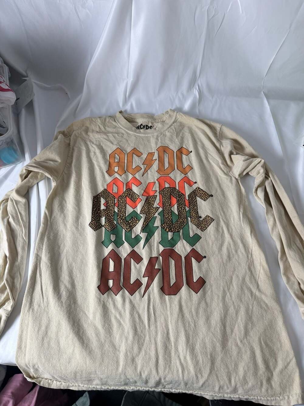 AC/DC Retro Leopard Stacked Graphic Long Sleeve Tee Shirt Sand Size M